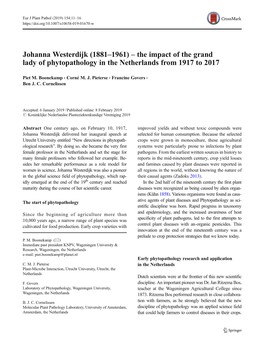Johanna Westerdijk (1881–1961) – the Impact of the Grand Lady of Phytopathology in the Netherlands from 1917 to 2017