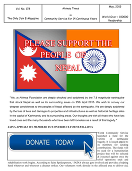 "We, at Ahimsa Foundation Are Deeply Shocked and Saddened by the 7.8 Magnitude Earthquake That Struck Nepal As Well As Its Surrounding Areas on 25Th April 2015