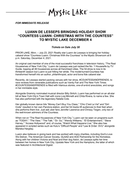 Luann De Lesseps Bringing Holiday Show “Countess Luann: Christmas with the Countess” to Mystic Lake December 4
