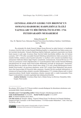 General Johann Georg Von Browne'un Osmanlı-Habsburg Harpleriyle Ilgili