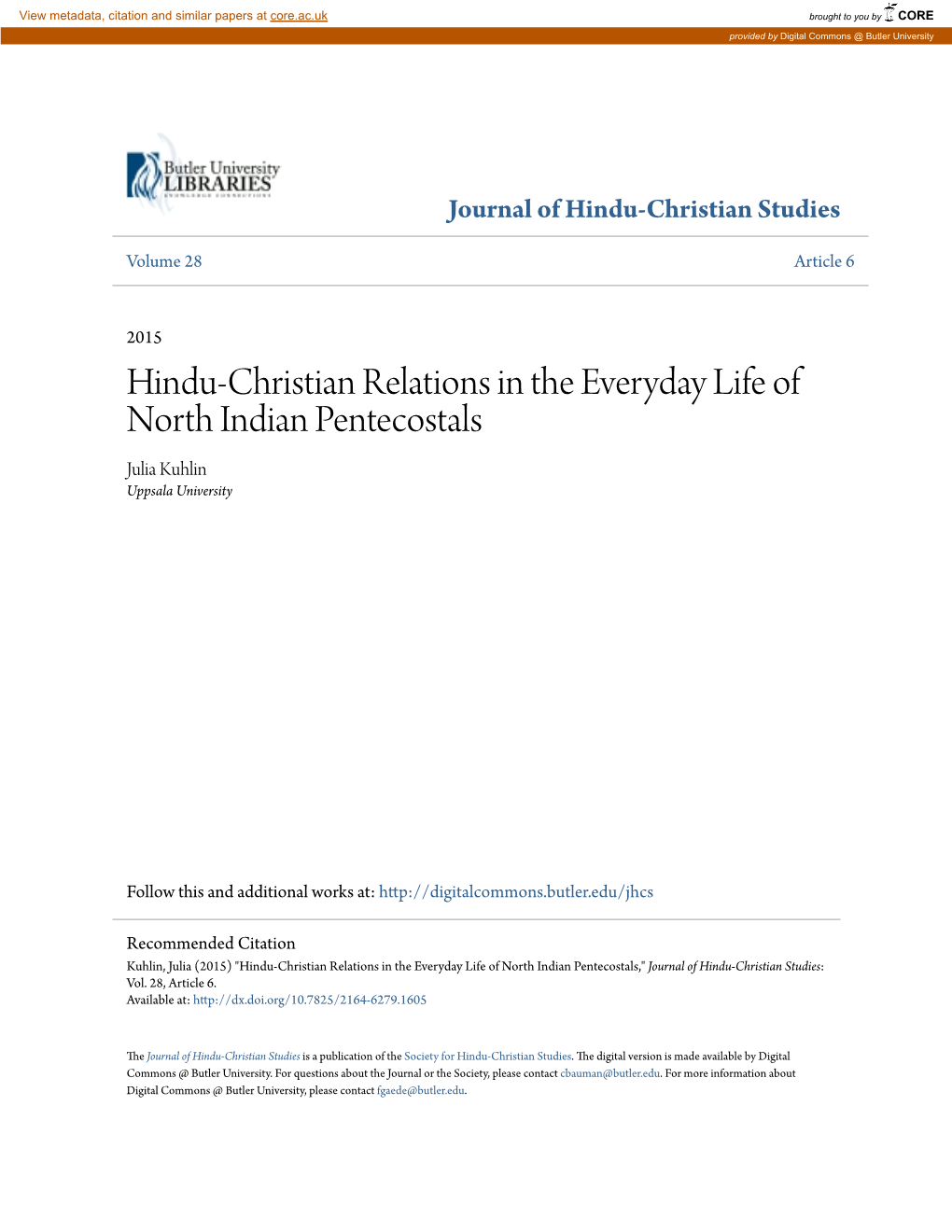 Hindu-Christian Relations in the Everyday Life of North Indian Pentecostals Julia Kuhlin Uppsala University