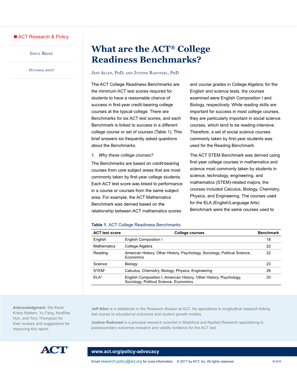 What Are the ACT College Readiness Benchmarks?