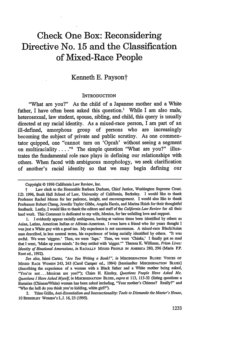 Check One Box: Reconsidering Directive No. 15 and the Classification of Mixed-Race People