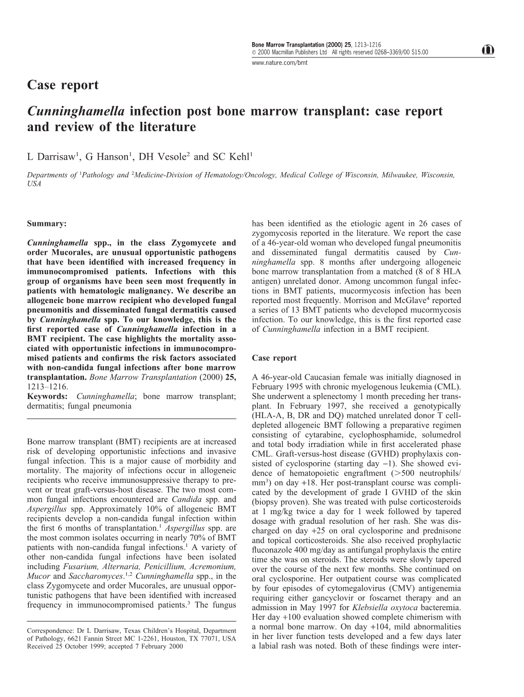 Case Report Cunninghamella Infection Post Bone Marrow Transplant Case Report and Review of the