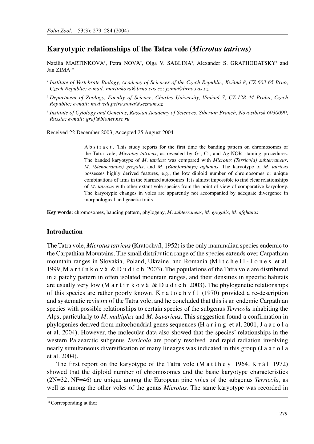 Karyotypic Relationships of the Tatra Vole (Microtus Tatricus)