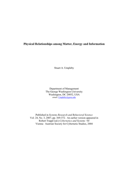 Physical Relationships Among Matter, Energy and Information