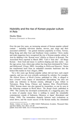 Hybridity and the Rise of Korean Popular Culture in Asia Doobo Shim NATIONAL UNIVERSITY of SINGAPORE