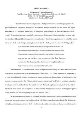 CRITICAL NOTICE Wittgenstein's Metaphilosophy Paul Horwich