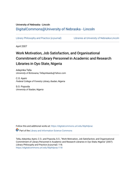 Work Motivation, Job Satisfaction, and Organisational Commitment of Library Personnel in Academic and Research Libraries in Oyo State, Nigeria