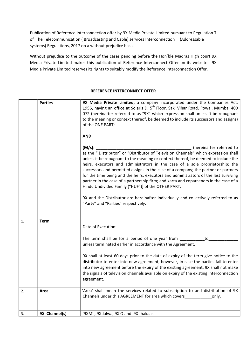 Publication of Reference Interconnection Offer by 9X Media