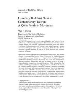 Luminary Buddhist Nuns in Contemporary Taiwan: a Quiet Feminist Movement