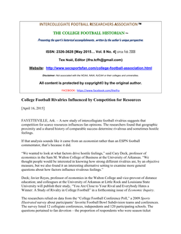 INTERCOLLEGIATE FOOTBALL RESEARCHERS ASSOCIATION™ College Football Rivalries Influenced by Competition for Resources