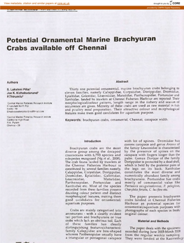 Potential Ornamental Marine Brachyuran Crabs Available Off Chennai