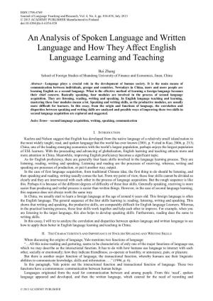 An Analysis of Spoken Language and Written Language and How They Affect English Language Learning and Teaching