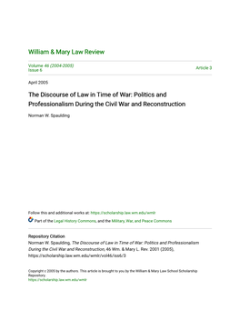 The Discourse of Law in Time of War: Politics and Professionalism During the Civil War and Reconstruction