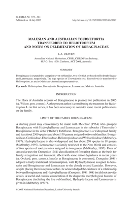 Malesian and Australian Tournefortia Transferred to Heliotropium and Notes on DELIMITATION of Boraginaceae