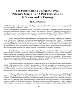 The Polanyi-Tillich Dialogue of 1963: Polanyi's Search for a Post-Critical Logic in Science and in Theology