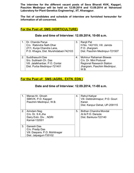 Date and Time of Interview: 12.09.2014, 10-00 Am for the Post Of