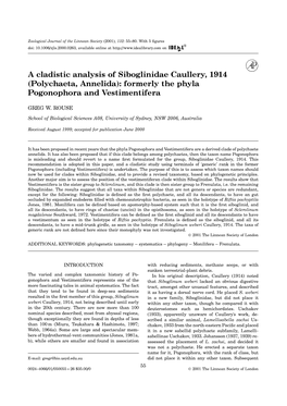 A Cladistic Analysis of Siboglinidae Caullery, 1914 (Polychaeta, Annelida): Formerly the Phyla Pogonophora and Vestimentifera