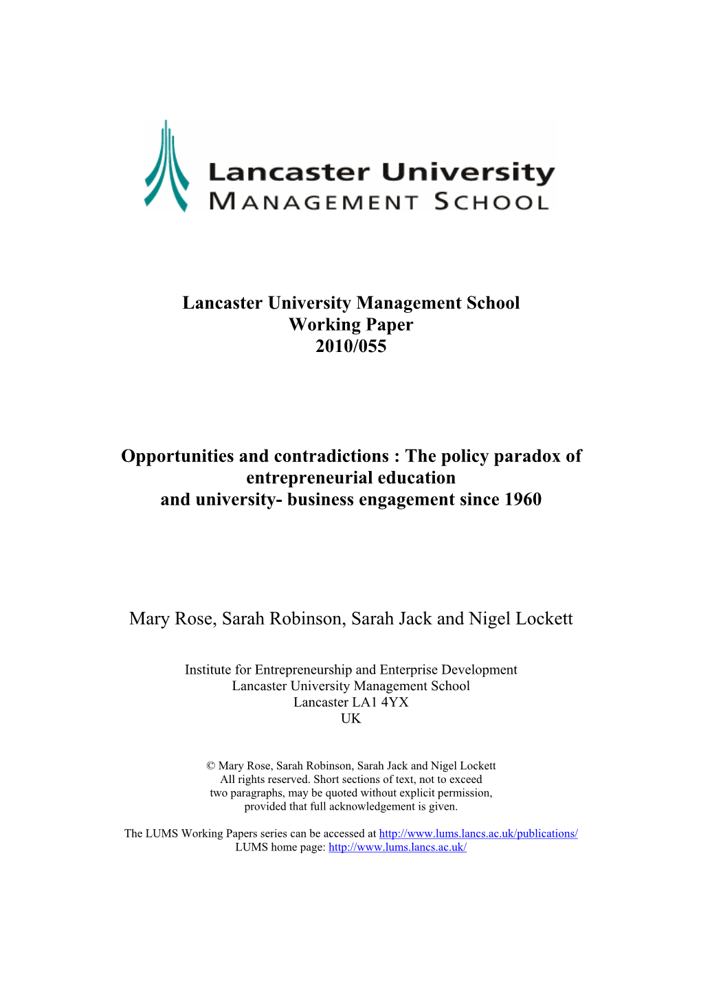 Lancaster University Management School Working Paper 2010/055