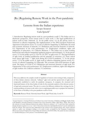 (Re-)Regulating Remote Work in the Post-Pandemic Scenario: Italian Labour Law E-Journal Lessons from the Italian Experience Issue 1, Vol