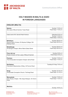 Holy Masses in Malta & Gozo in Foreign Languages