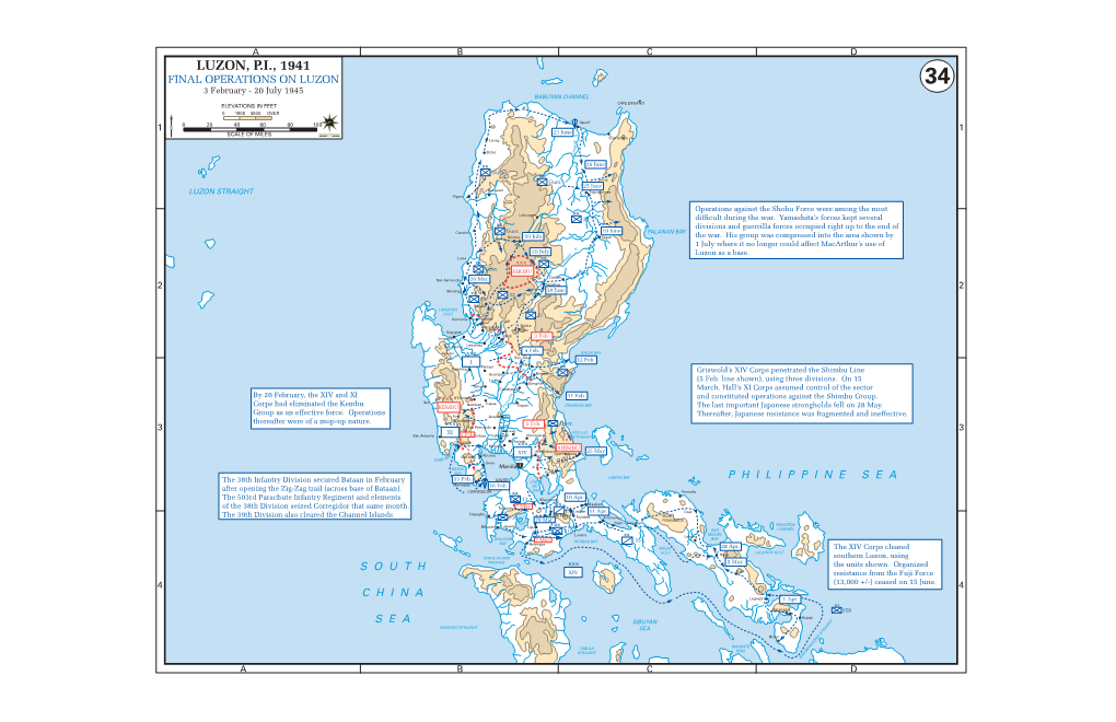 LUZON, P.I., 1941 FINAL OPERATIONS on LUZON 34 3 February - 20 July 1945 BABUYAN CHANNEL CAPE ENGANO ELEVATIONS in FEET 0 1500 3000 OVER