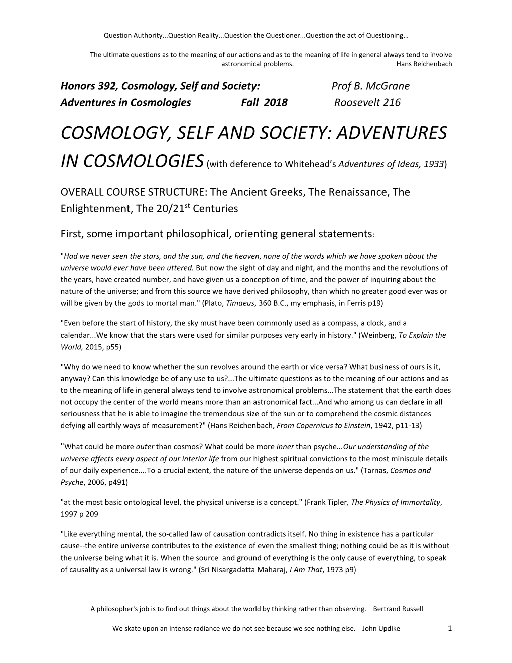 Honors 392, Cosmology, Self and Society: Prof B