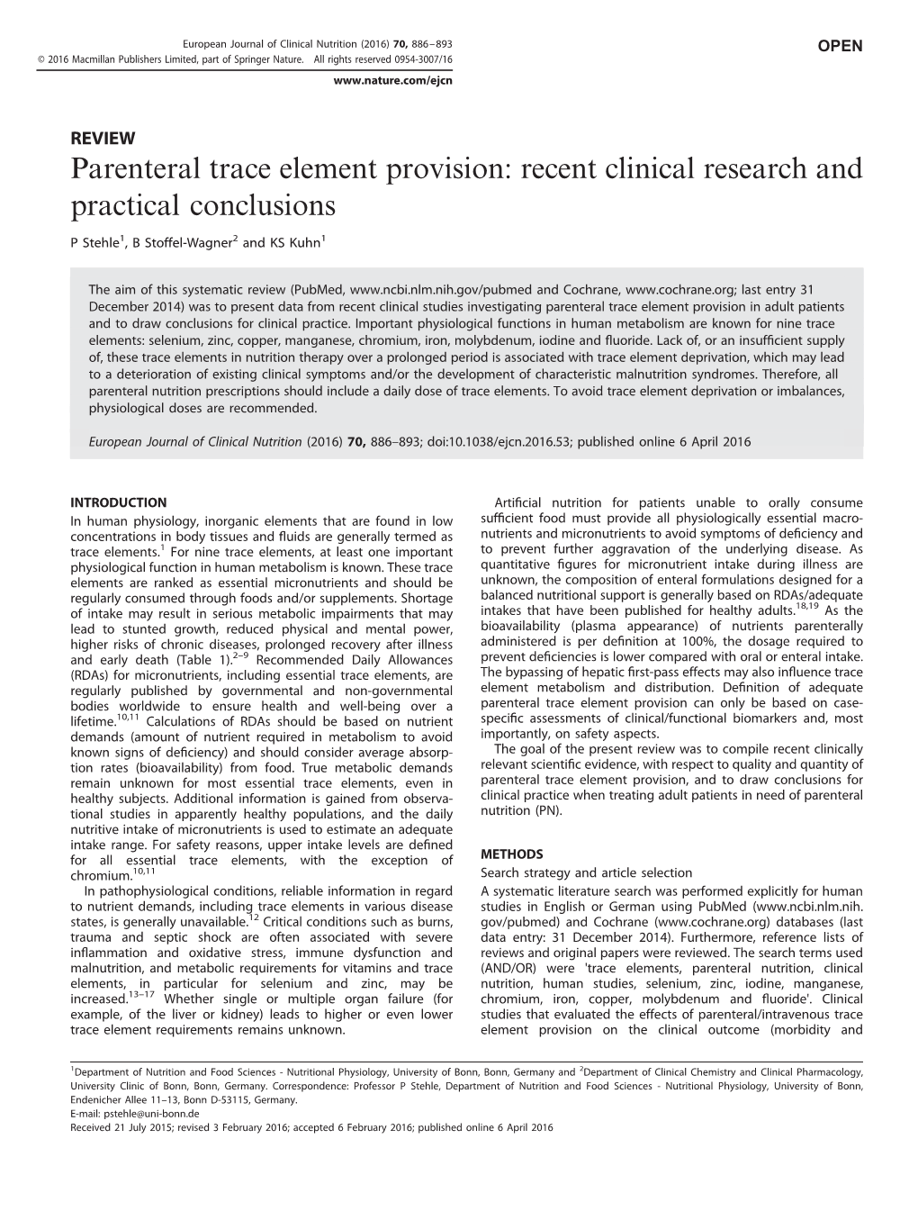 Parenteral Trace Element Provision: Recent Clinical Research and Practical Conclusions