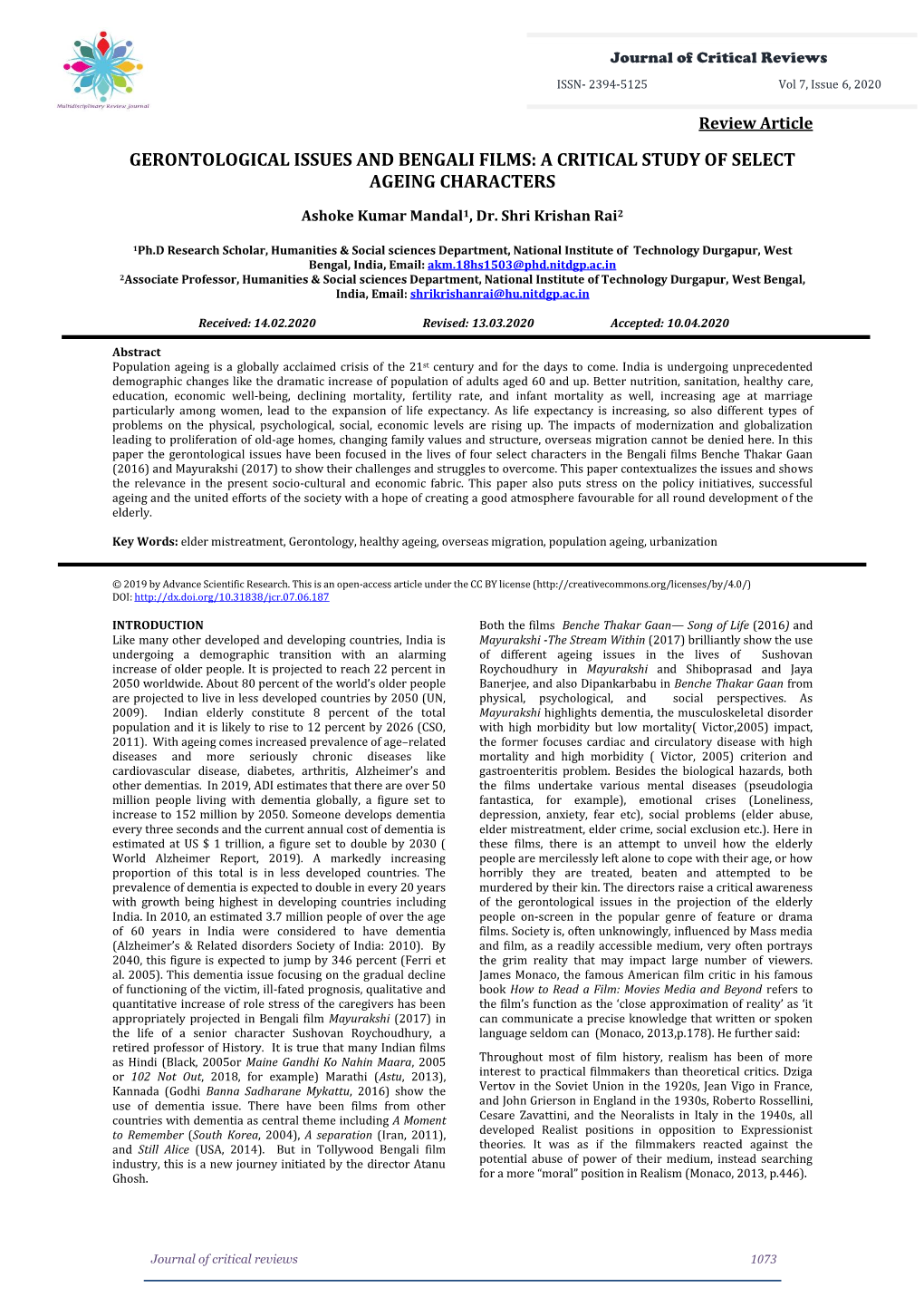 Gerontological Issues and Bengali Films: a Critical Study of Select Ageing Characters