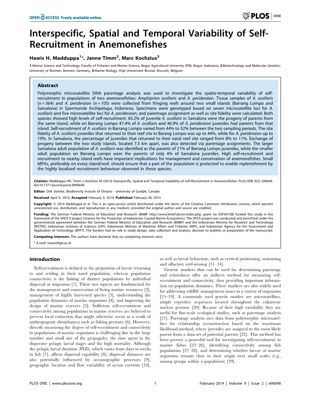 Recruitment in Anemonefishes