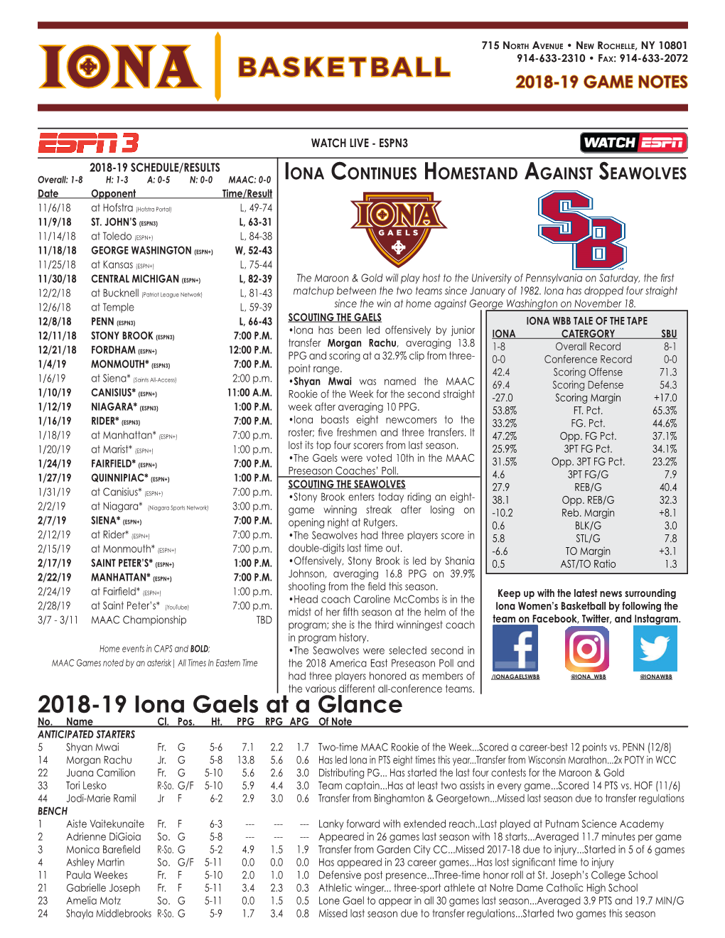 2018-19 Iona Gaels at a Glance No