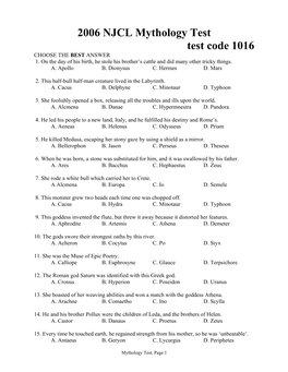 2006 NJCL Mythology Test Test Code 1016 CHOOSE the BEST ANSWER 1