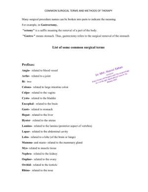 List of Some Common Surgical Terms Prefixes
