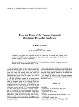 Deep Sea Crabs of the Tasman Seamounts (Crustacea: Decapoda: Brachyura)