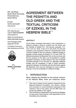 Agreement Between the Peshitta and Old Greek and the Textual Criticism of Ezekiel in the Hebrew Bible1, 2