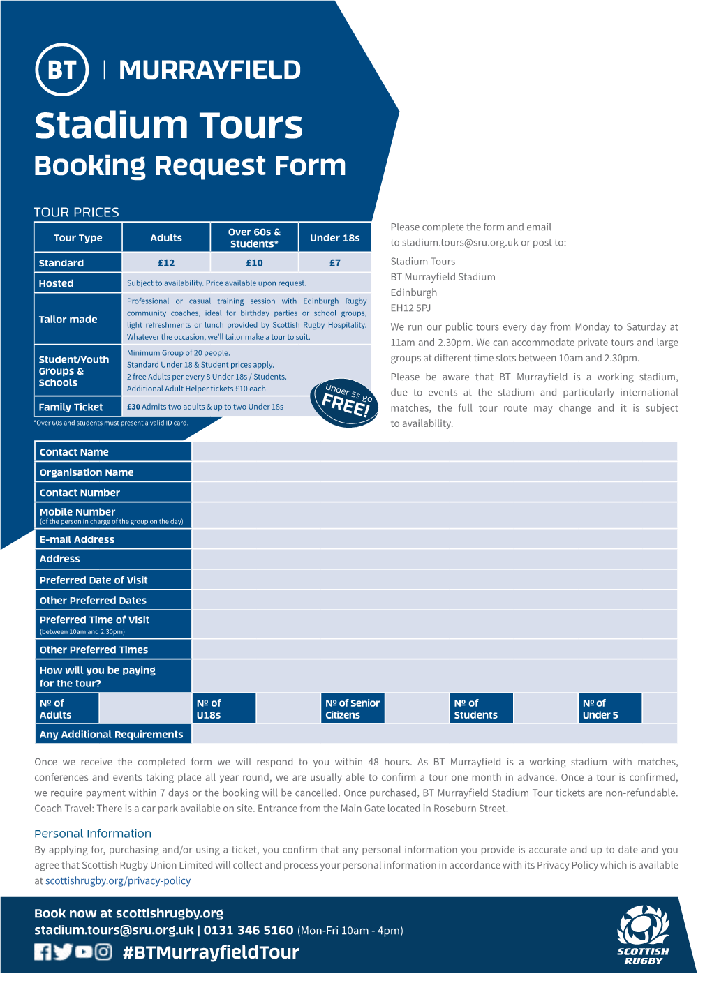 Stadium Tours Booking Request Form