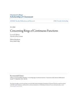 Concerning Rings of Continuous Functions Leonard Gillman University of Texas at Austin