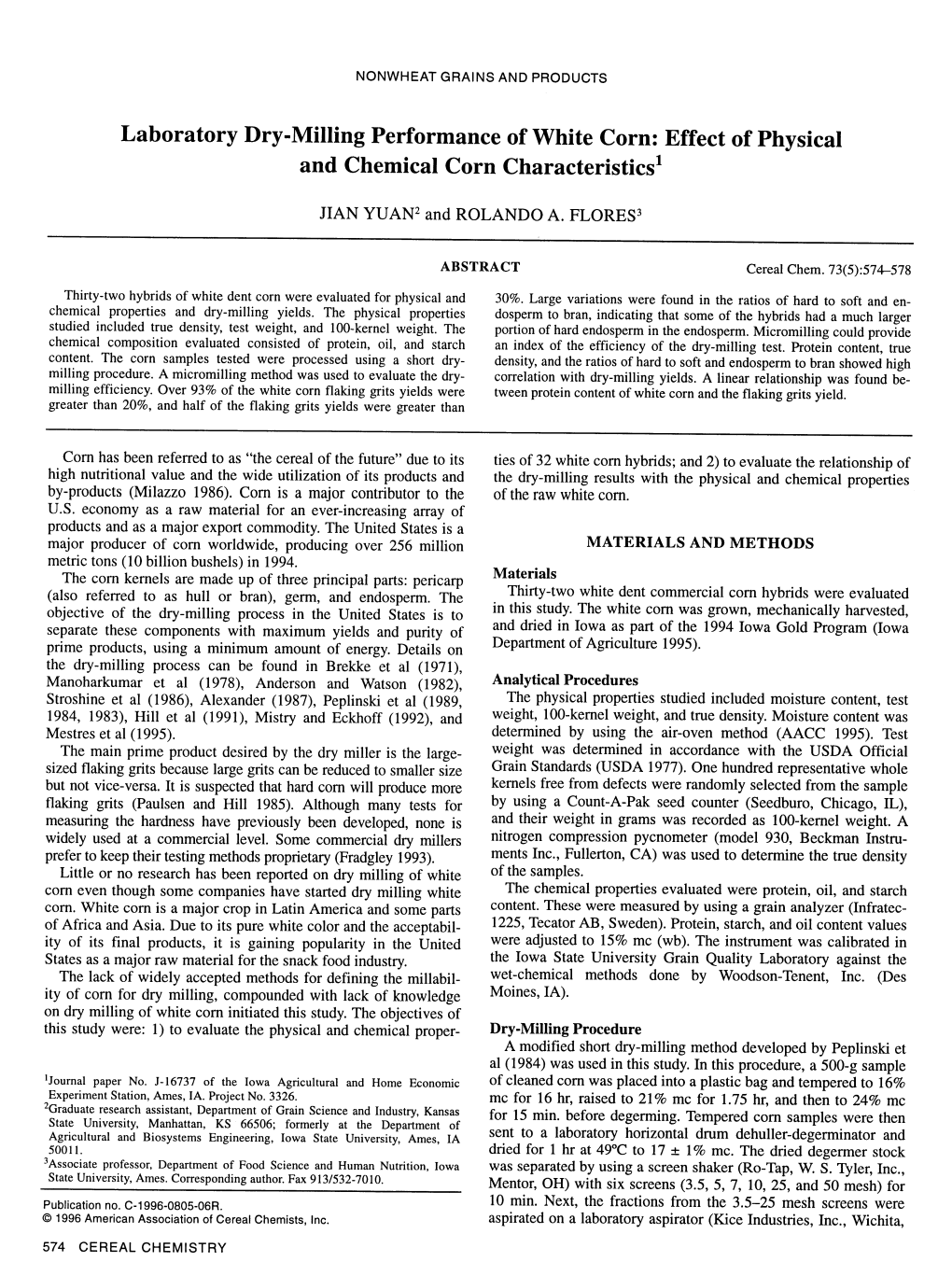 Laboratory Dry-Milling Performance of White Corn: Effect of Physical and Chemical Corn Characteristics1