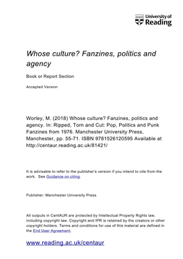 Whose Culture? Fanzines, Politics and Agency