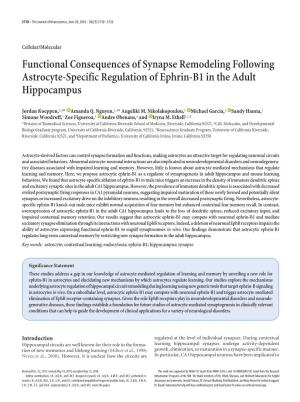 Functional Consequences of Synapse Remodeling Following Astrocyte-Specific Regulation of Ephrin-B1 in the Adult Hippocampus