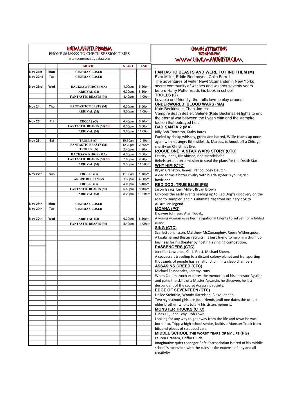 PROGRAM CINEMA AUGUSTA 24Th NOV-2016.Xlsx