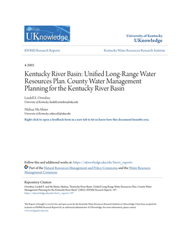 Kentucky River Basin: Unified Long-Range Water Resources Plan