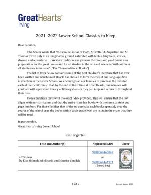 2021-2022 Lower School Classics to Keep