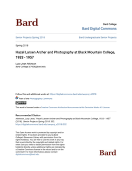 Hazel Larsen Archer and Photography at Black Mountain College, 1933 - 1957