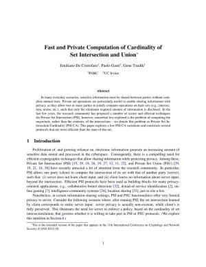 Fast and Private Computation of Cardinality of Set Intersection and Union*