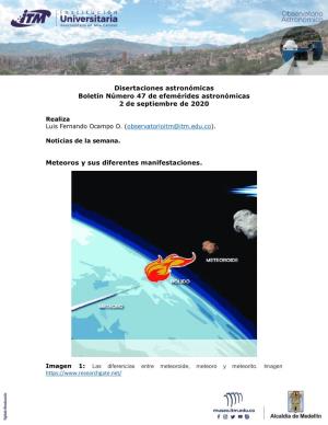 Disertaciones Astronómicas Boletín Número 47 De Efemérides Astronómicas 2 De Septiembre De 2020