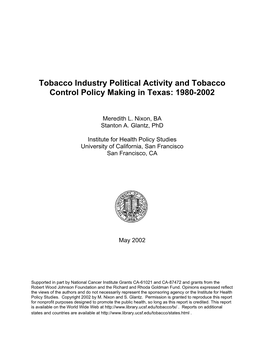 Tobacco Industry Political Activity and Tobacco Control Policy Making in Texas: 1980-2002