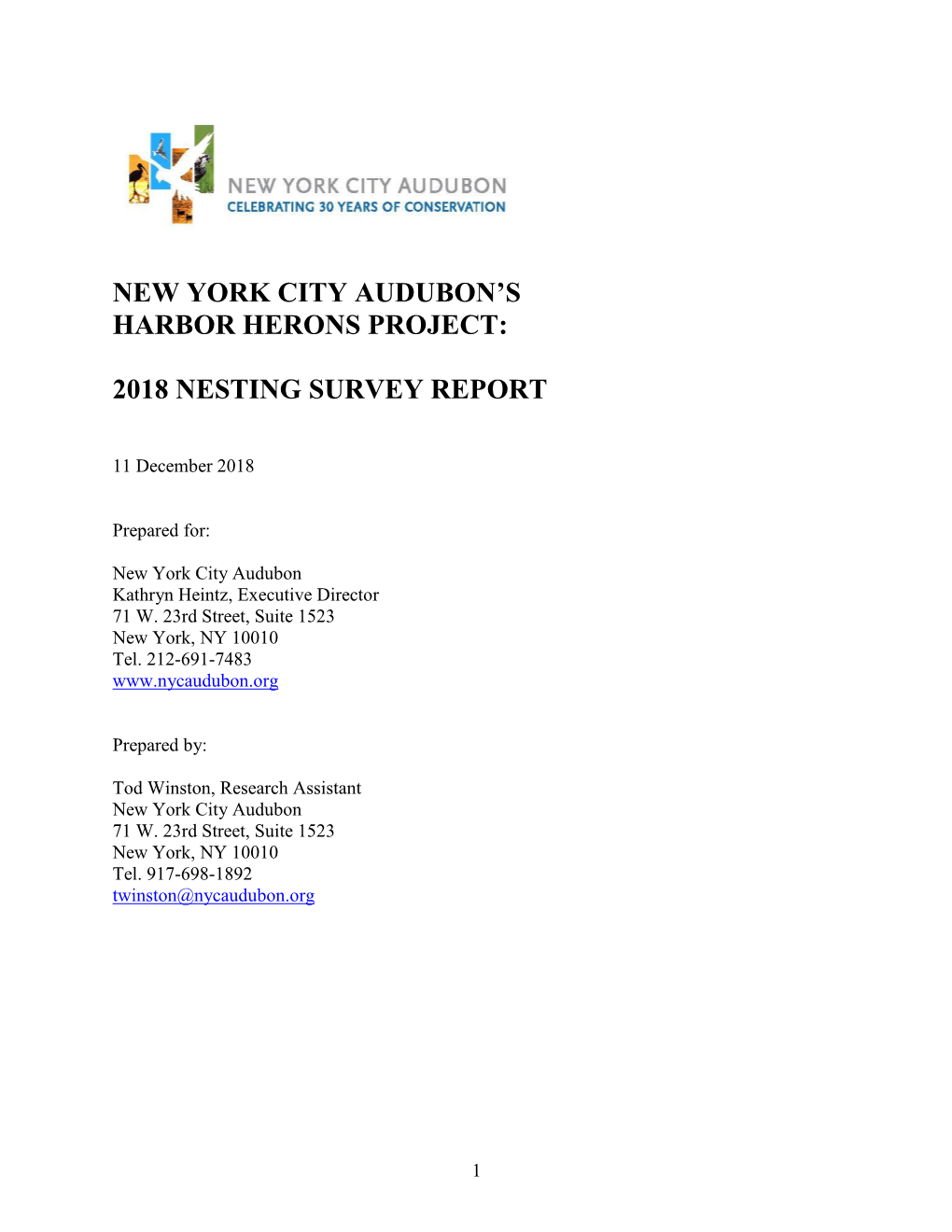 New York City Audubon's Harbor Herons Project: 2018 Nesting Survey