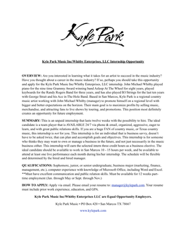 Kyle Park Music Inc/Whitby Enterprises, LLC Internship Opportunity
